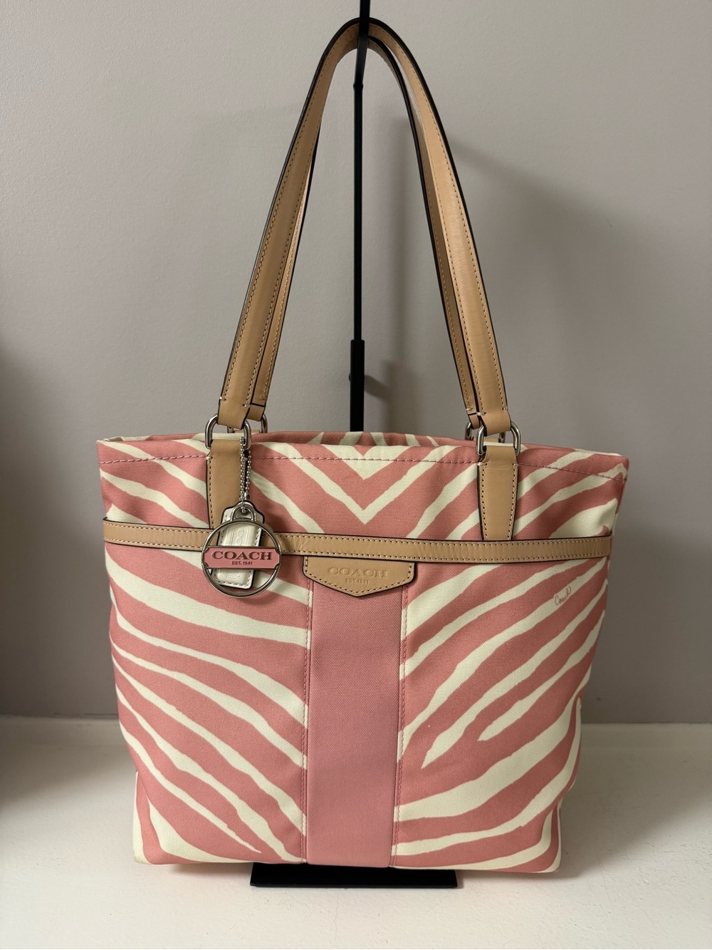 Coach Pink and Cream Zebra-Print Canvas Tote with Tan Leather Straps